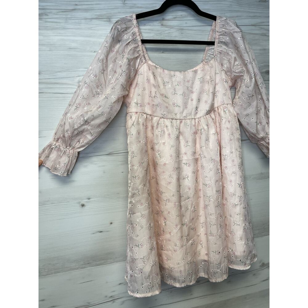 Thirty Thirty LA Dress Womens Medium Floral Embroidered Mesh Overlay Puff Sleeve - Picture 6 of 10